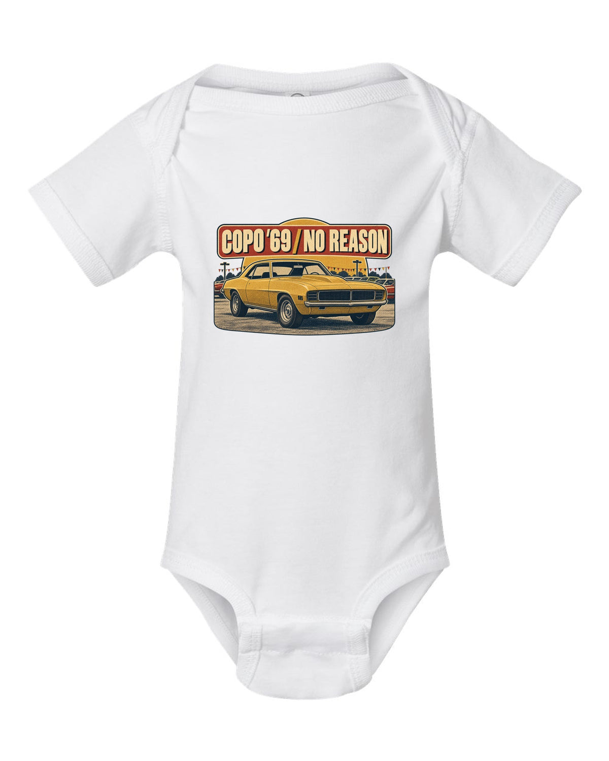 1970s catalogue ad layout with halftone shading of a 1969 Chevrolet Camaro COPO-style coupe white baby onesie front view with the design