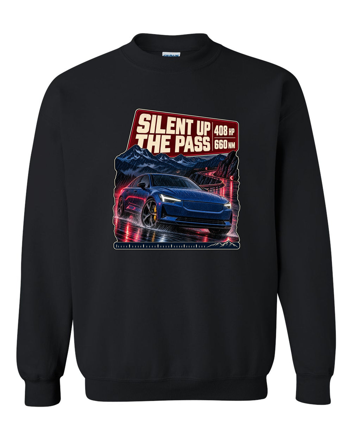 Polestar 2 Launch Edition driving a mountain pass at night, print design black crewneck front view with the design