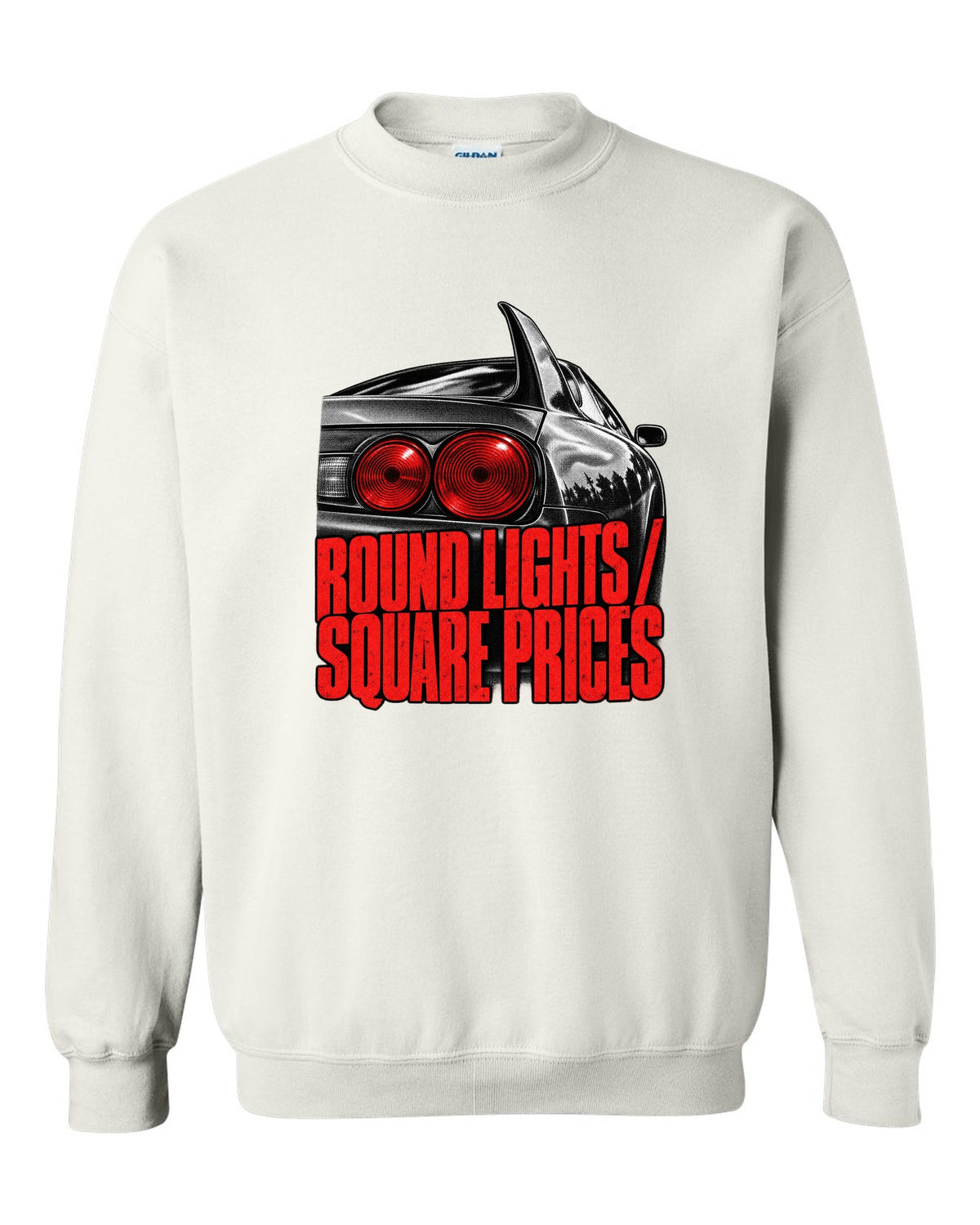 print of a Toyota Supra A80 JZA80 round taillight close-up with the text Round Lights Square Prices white crewneck front view with the design