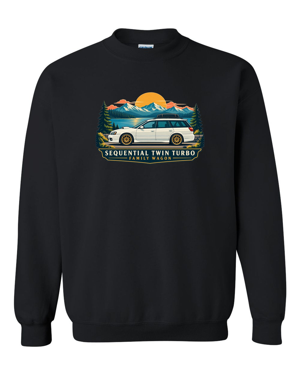 Subaru Legacy BC5 RS as a linocut, 100,000 KM / AT 223 KM/H black crewneck front view with the design