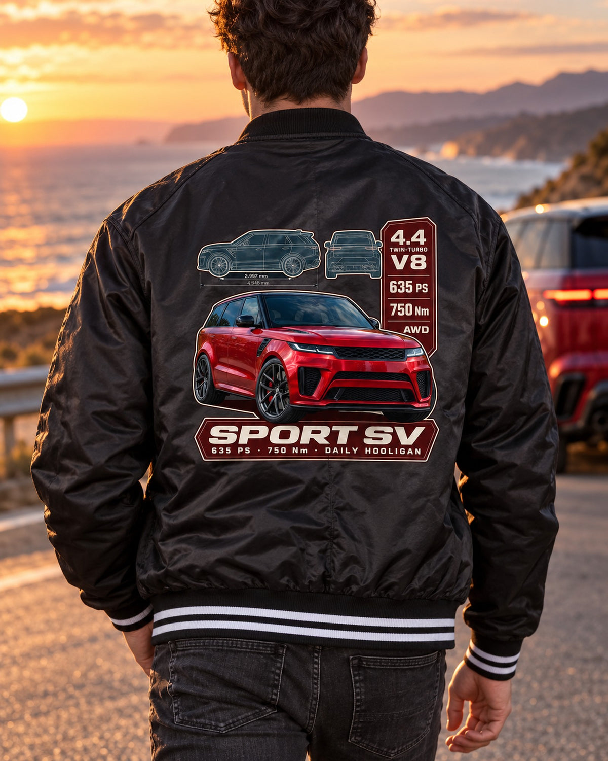 Range Rover Sport SV L461 Spec Poster Shirt, 635 PS Daily Driver Bomber Jacket Black worn hero