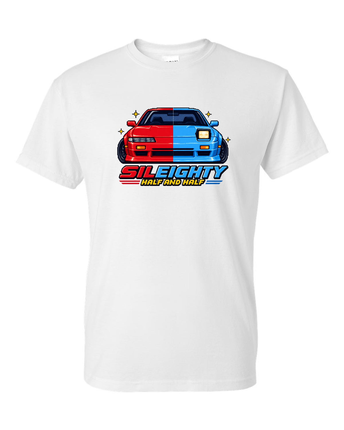 16-bit pixel art print of a Nissan Sileighty 180SX and Silvia S13 hybrid with Half and Half lettering white t-shirt front view with the design