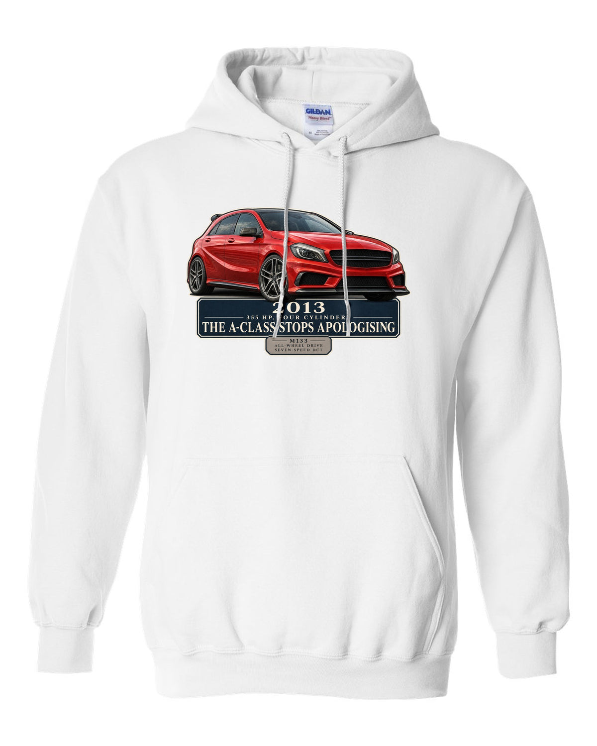 Mercedes-AMG A45 W176 chback editorial headline print white pull over hoodie front view with the design