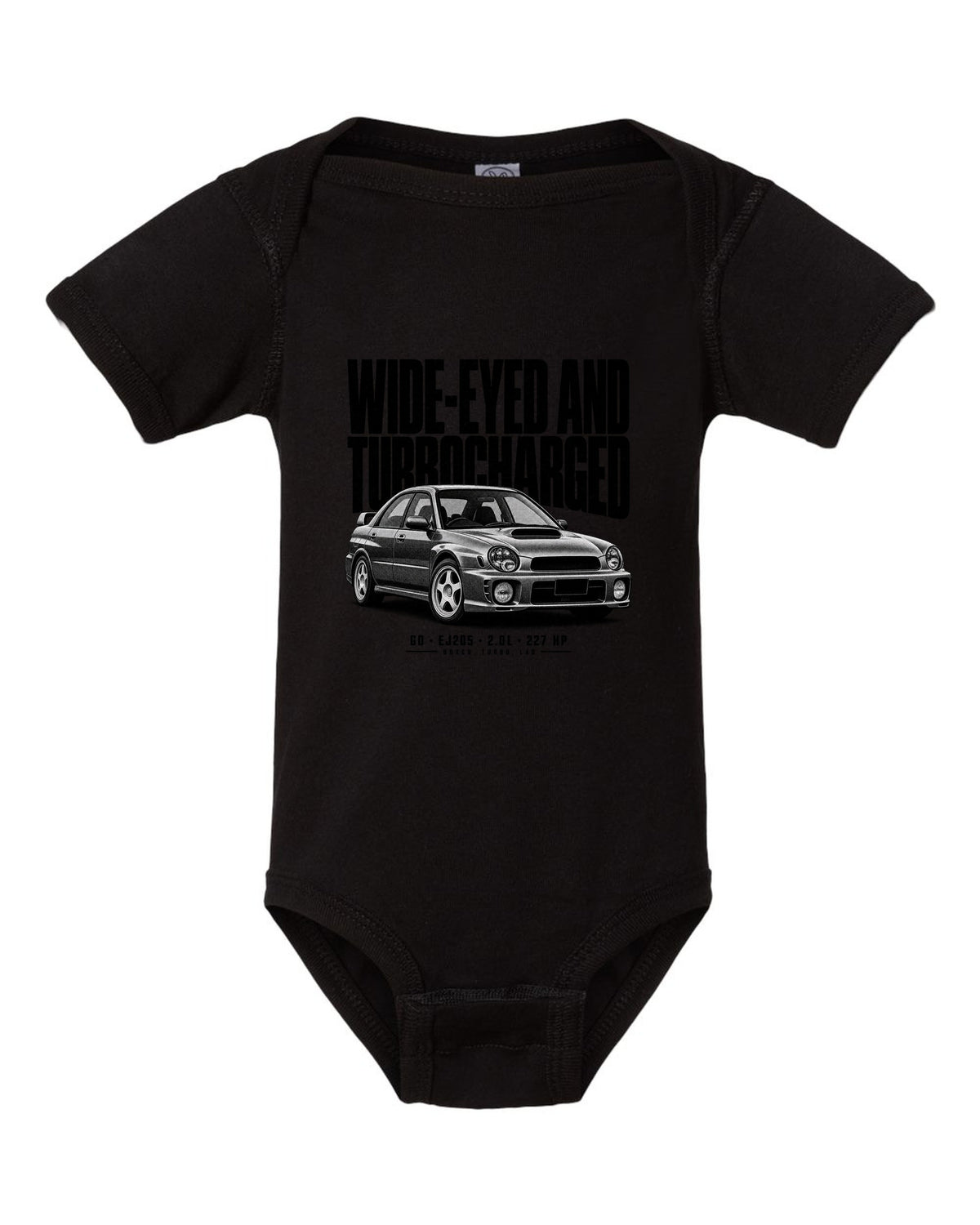 Halftone Subaru Impreza WRX GD Bugeye saloon with wide-eyed and turbocharged text black baby onesie front view with the design