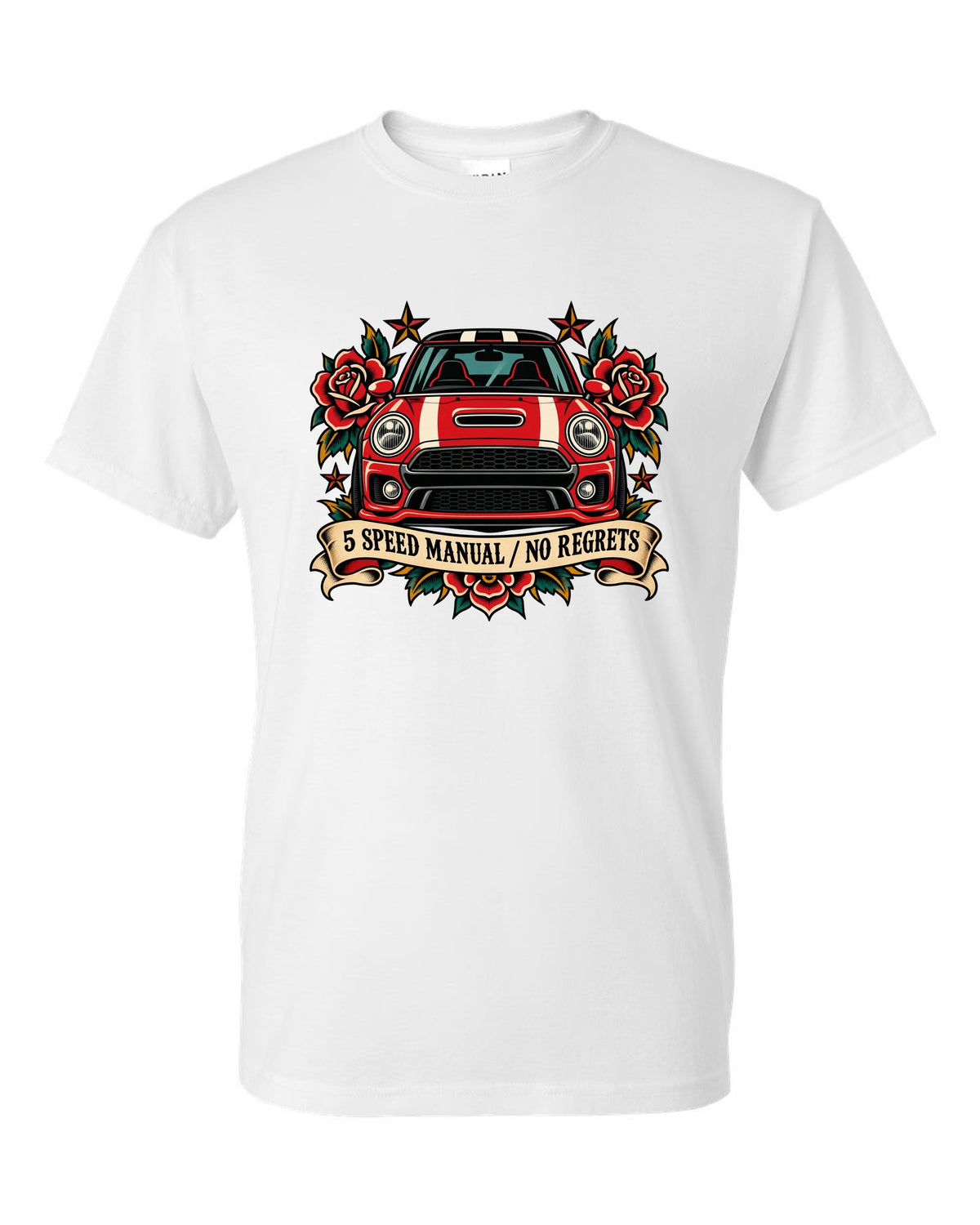 Tattoo flash style Fiat 500 Abarth with 5 speed manual no regrets lettering white t-shirt front view with the design