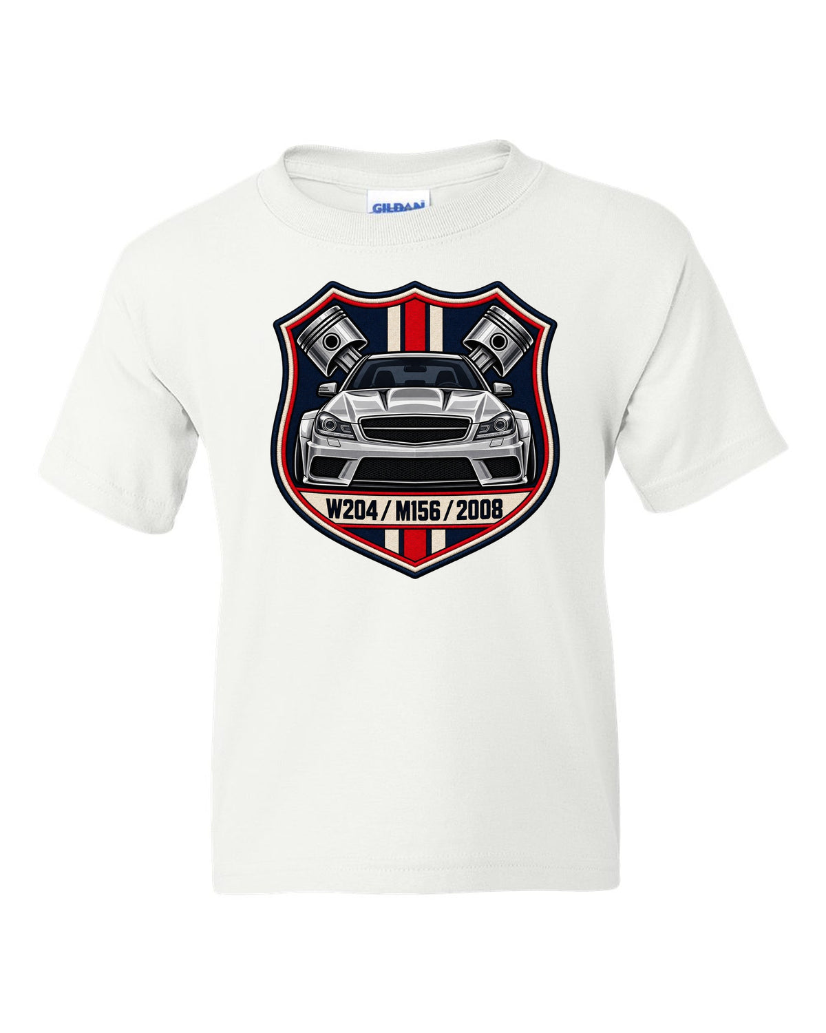 Embroidery-style varsity crest for Mercedes C63 AMG W204 with M156 and 2008 white kids tee front view with the design