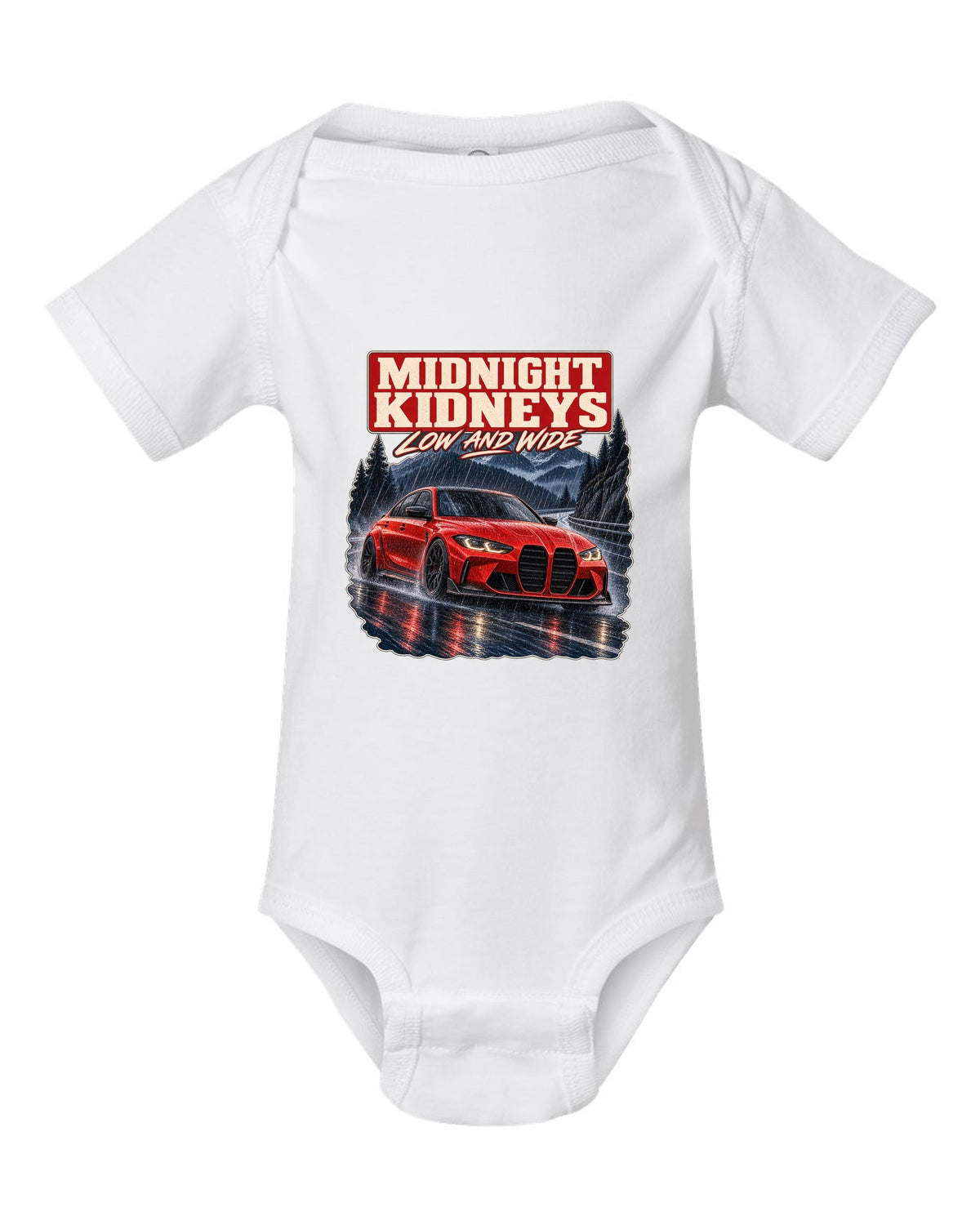 BMW M3 Competition G80 night street print with midnight kidneys text white baby onesie front view with the design
