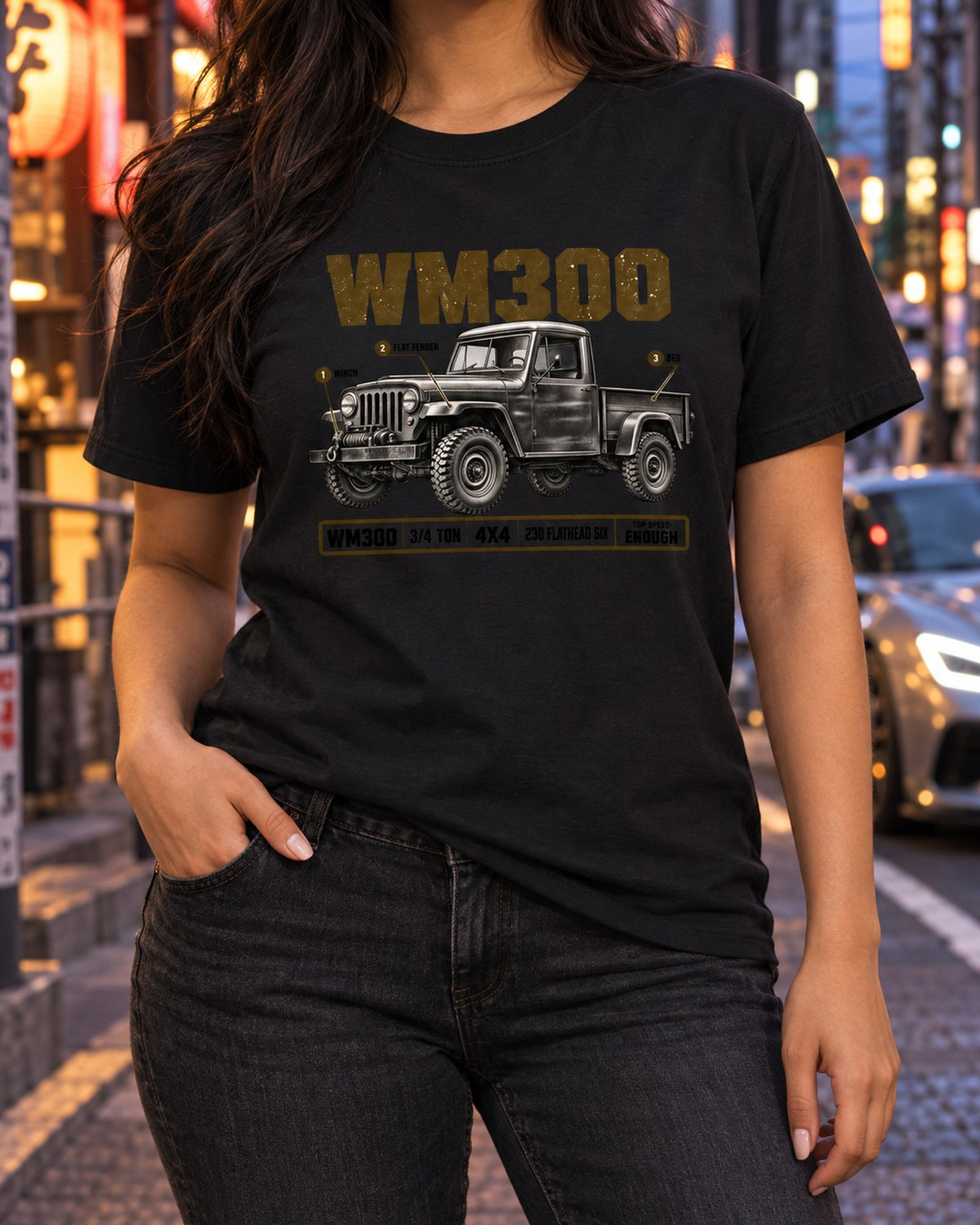 Dodge Power Wagon WM300 Spec Poster Tee, 1960-1971 Truck Shirt T-Shirt Black worn hero
