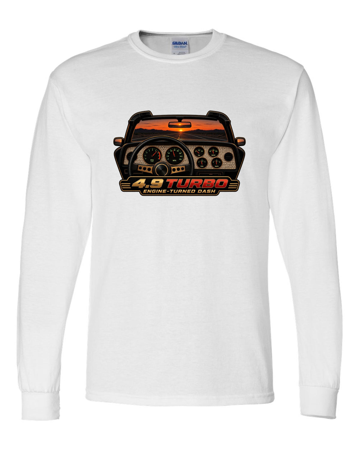 1981 Pontiac Firebird Trans Am gauge cluster HUD graphic with 4.9 Turbo text white long sleeve front view with the design