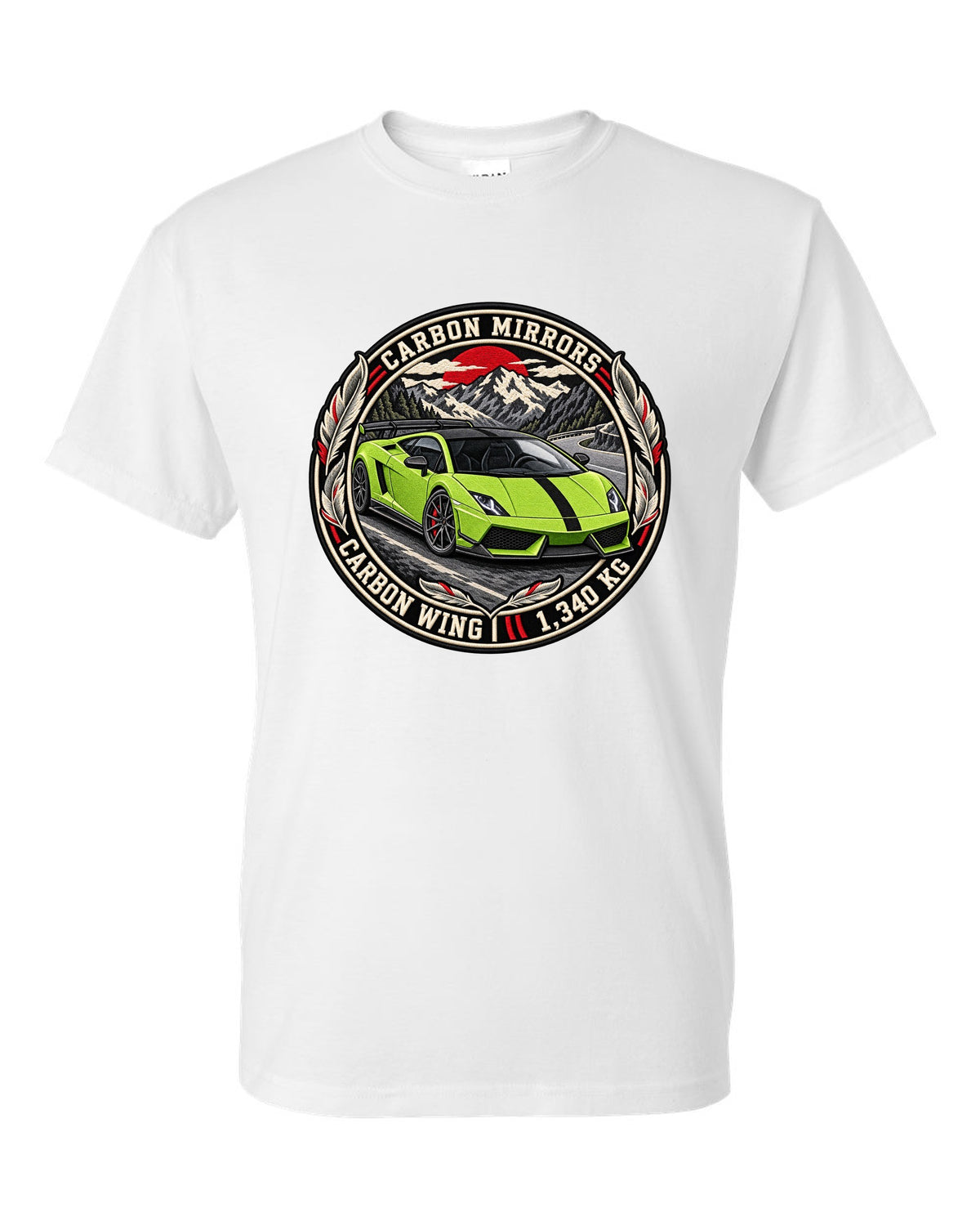 Round embroidery-style crest of a Lamborghini Gallardo LP570-4 Superleggera with carbon mirrors and wing text white t-shirt front view with the design