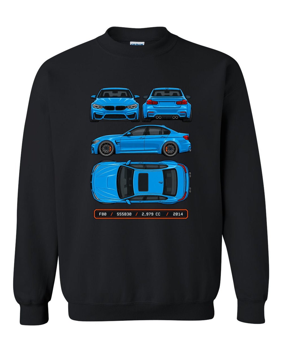Spec plate style print of a BMW F80 M3 sedan with F80 S55B30 2,979 cc 2014 text black crewneck front view with the design