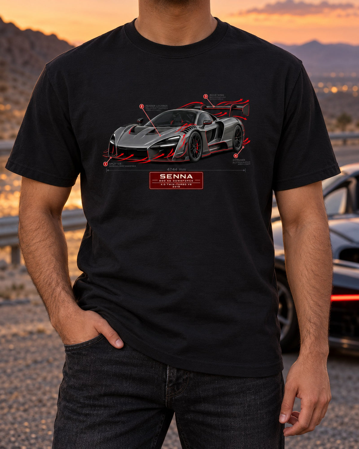 McLaren Senna Downforce Callouts print Tee T-Shirt Black worn hero