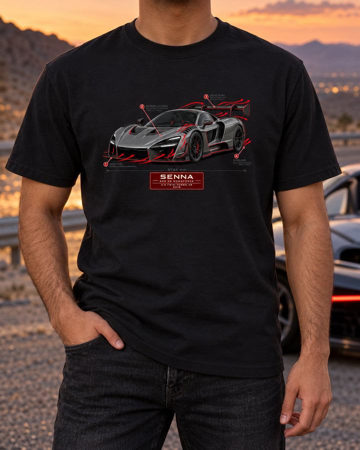 McLaren Senna Downforce Callouts print Tee T-Shirt Black worn hero