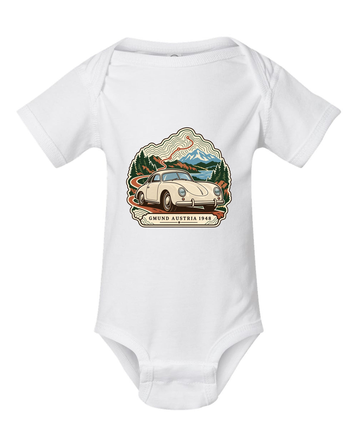 Topographic contour map design marking Gmund Austria 1948 for the Porsche 356 white baby onesie front view with the design