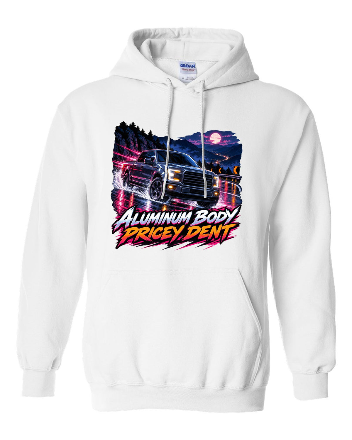 Cel-shaded anime night mountain pass print of a 2015-20 Ford F-150 P552 truck white pull over hoodie front view with the design