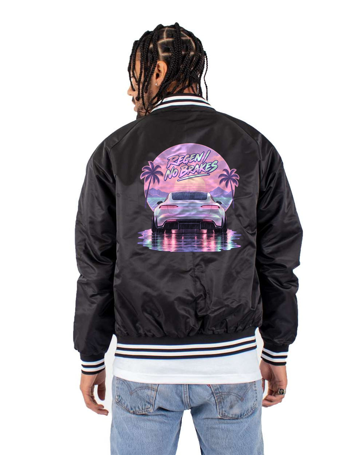 Tesla Model S Plaid Vaporwave Taillights Shirt, Regen Tee Bomber Jacket Black back