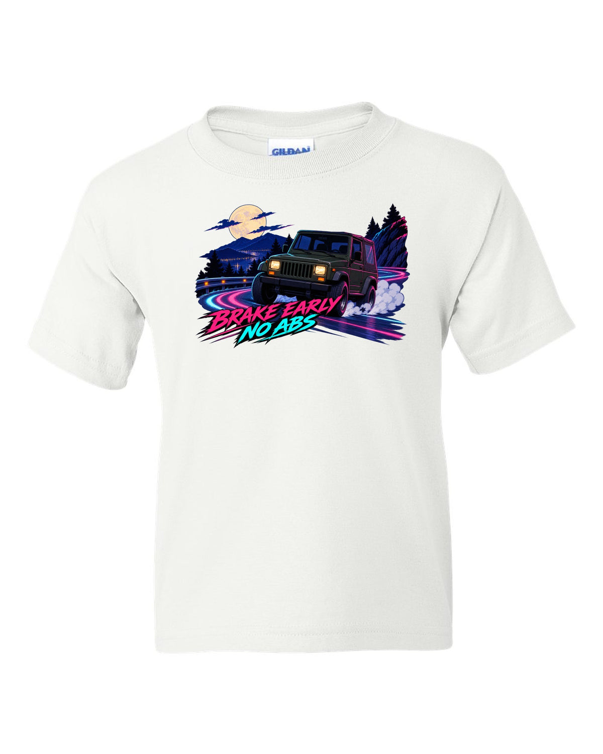 Cel-shaded anime night touge print of a Jeep Wrangler YJ with no ABS text white kids tee front view with the design