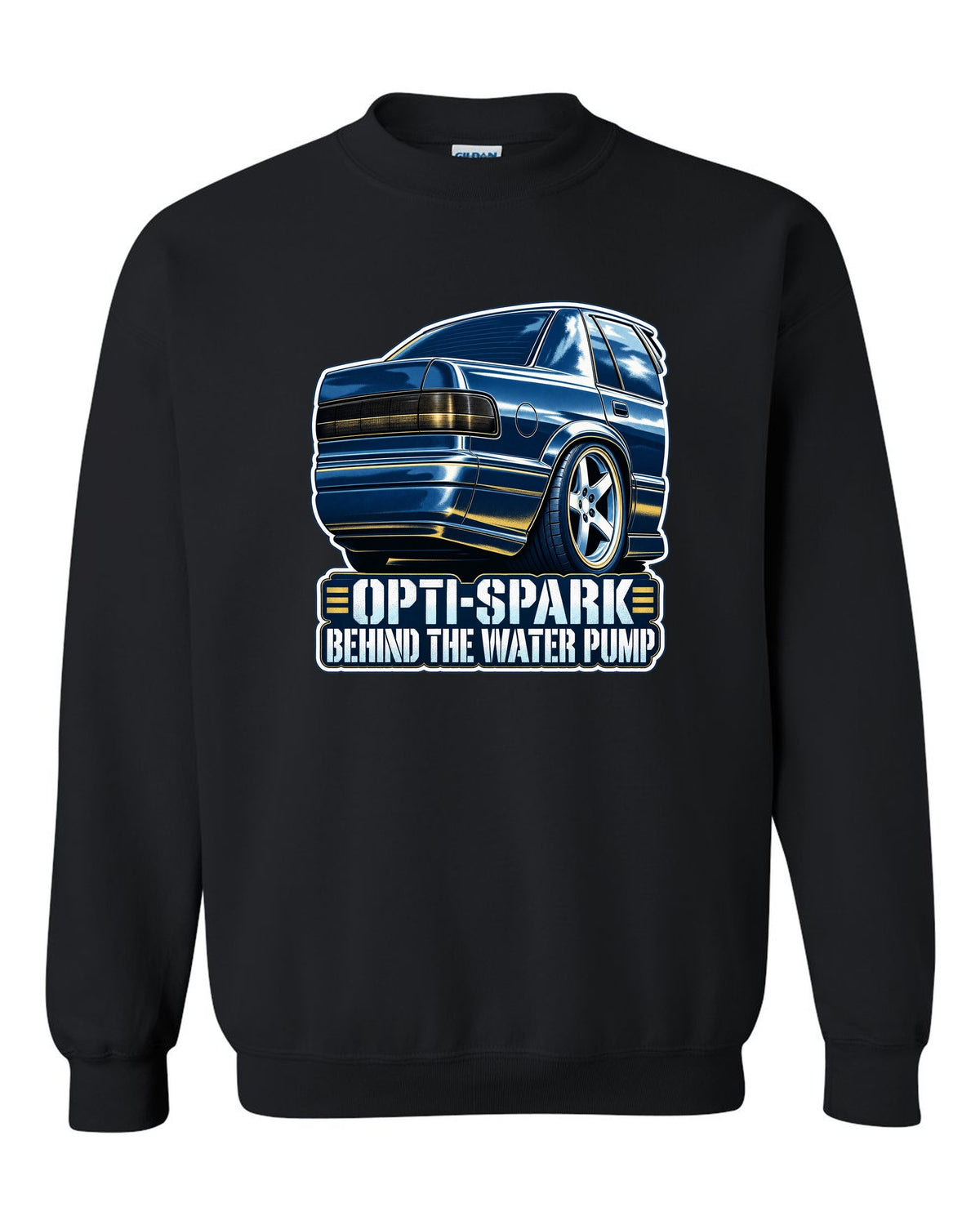 Blue cyanotype print of a 1994-96 Chevrolet Impala SS LT1 wheel with the text Opti-Spark Behind the Water Pump black crewneck front view with the design