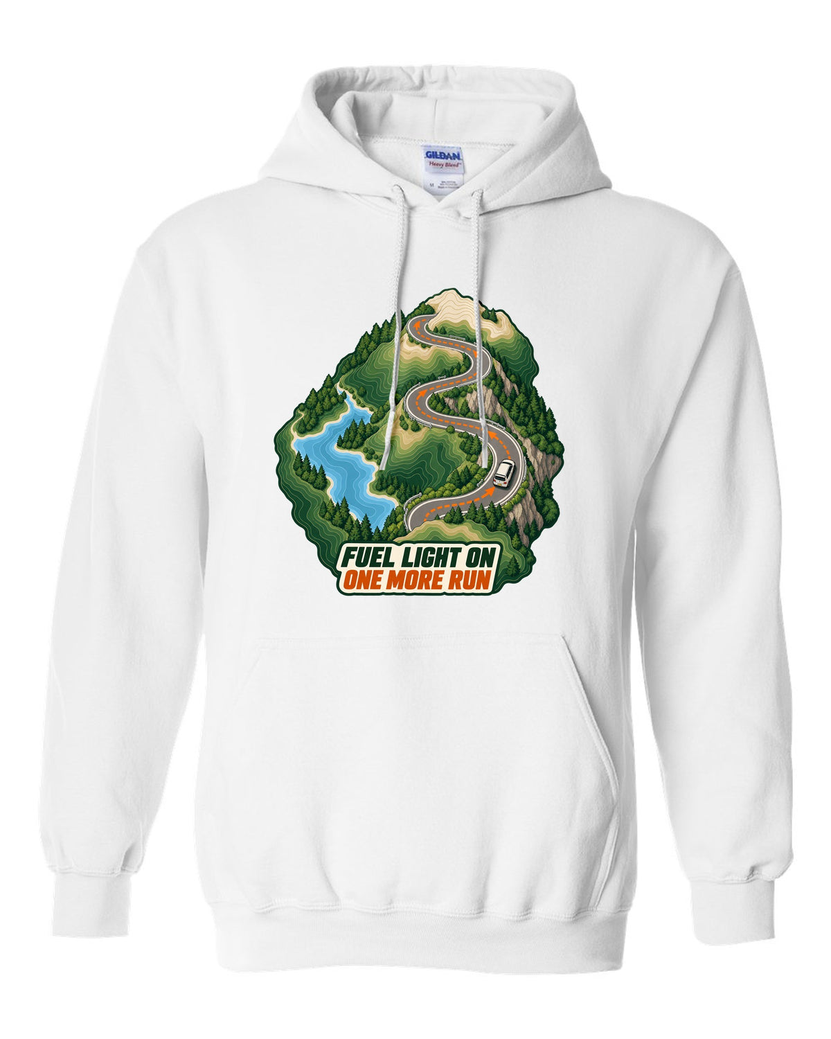 Topographic route map print of a Toyota Corolla Levin AE86 with Fuel Light On lettering white pull over hoodie front view with the design