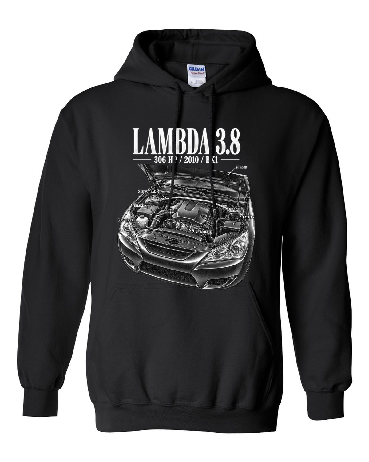 Hyundai Genesis Coupe 3.8 BK1 engine bay with numbered callouts black pull over hoodie front view with the design