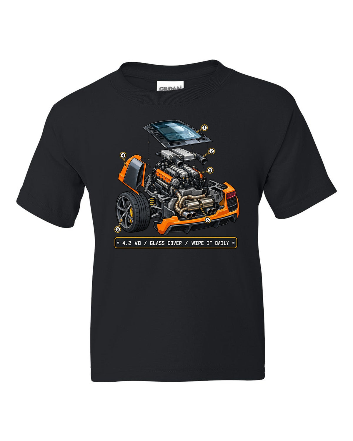 Isometric exploded view print of the Audi R8 Type 42 4.2 V8 with glass cover black kids tee front view with the design