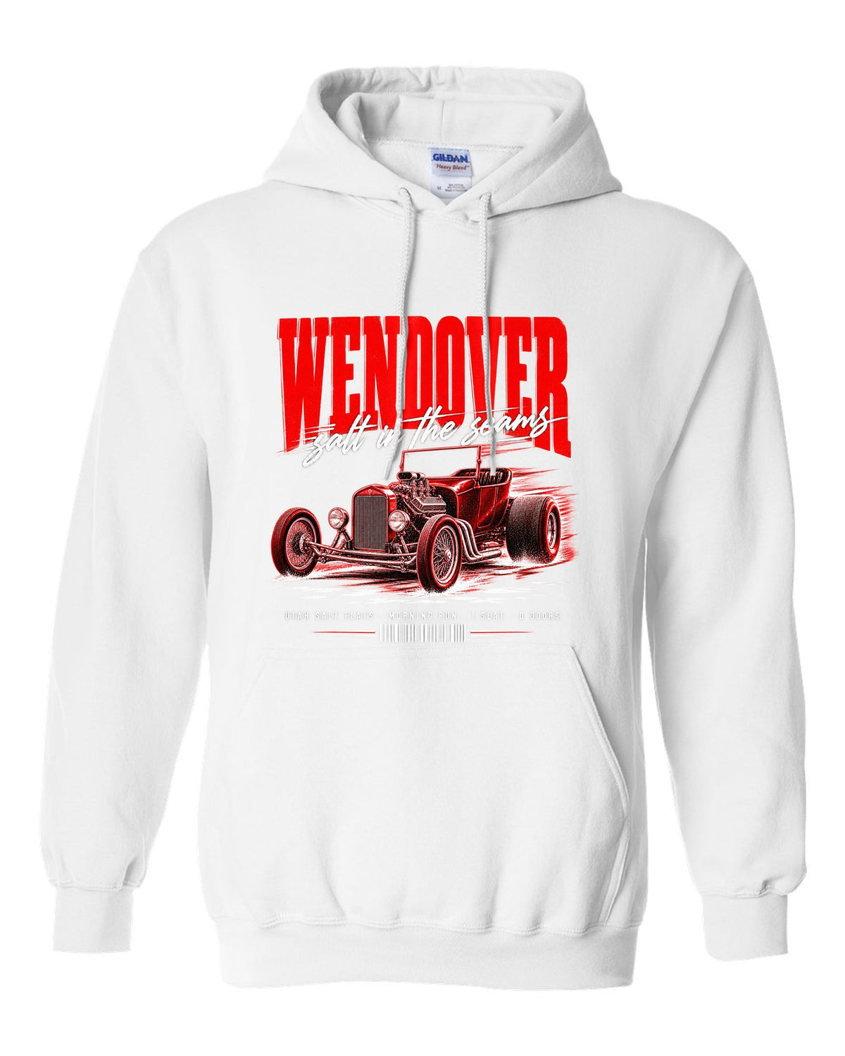 Street poster print of a T-bucket hot rod for Wendover and the Utah Salt Flats white pull over hoodie front view with the design