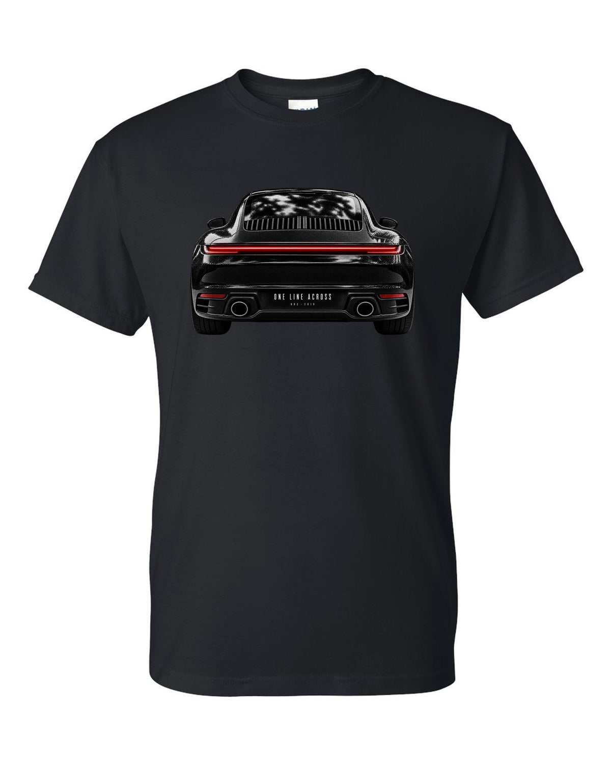 Taillight macro print of a 2019 Porsche 911 Carrera 992 rear light black t-shirt front view with the design