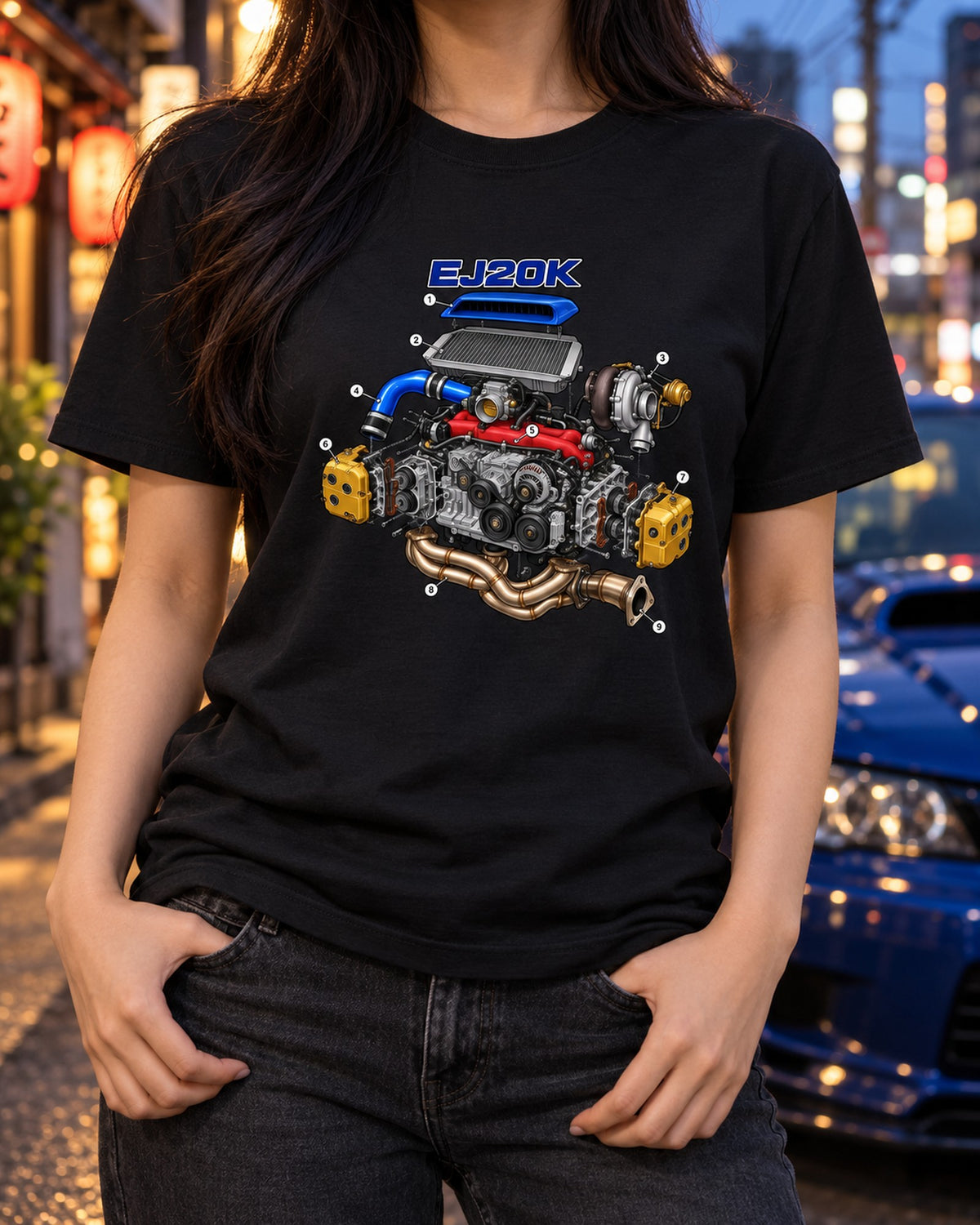 Subaru Impreza WRX GC8 EJ20K Exploded Engine Diagram Tee T-Shirt Black worn hero