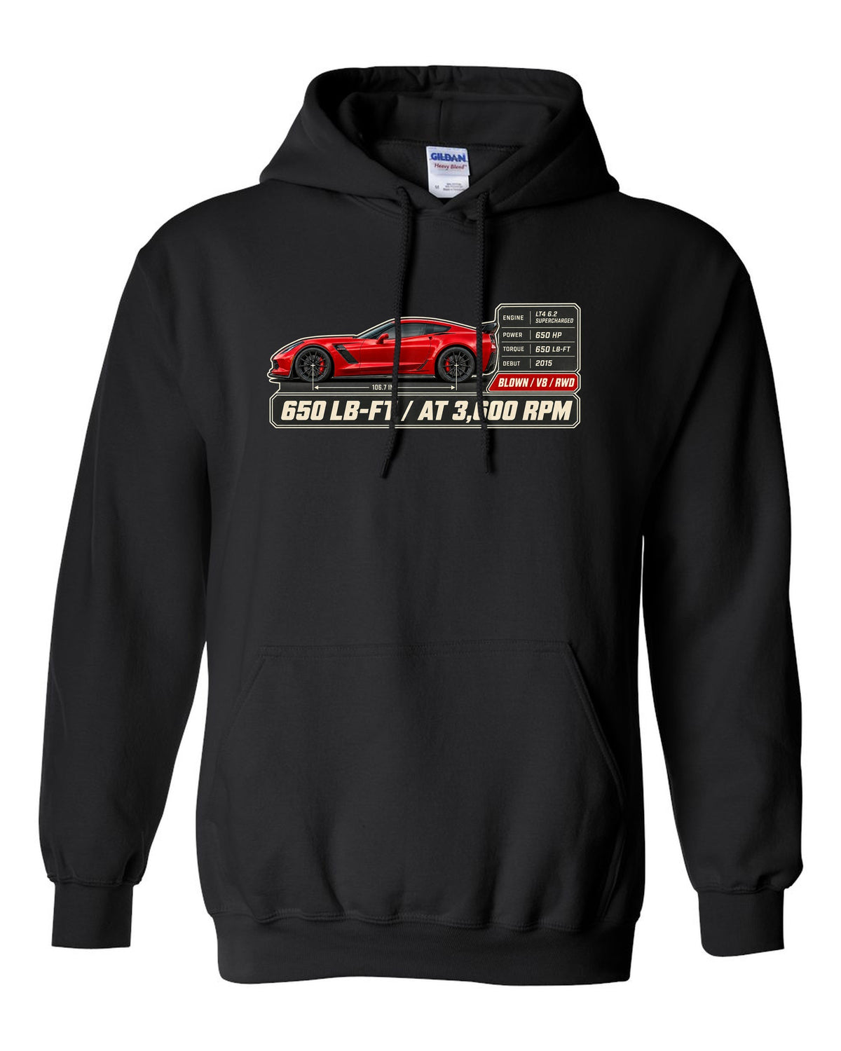 print of a Chevrolet Corvette C7 Z06 spec poster showing 650 lb-ft at 3,600 rpm black pull over hoodie front view with the design