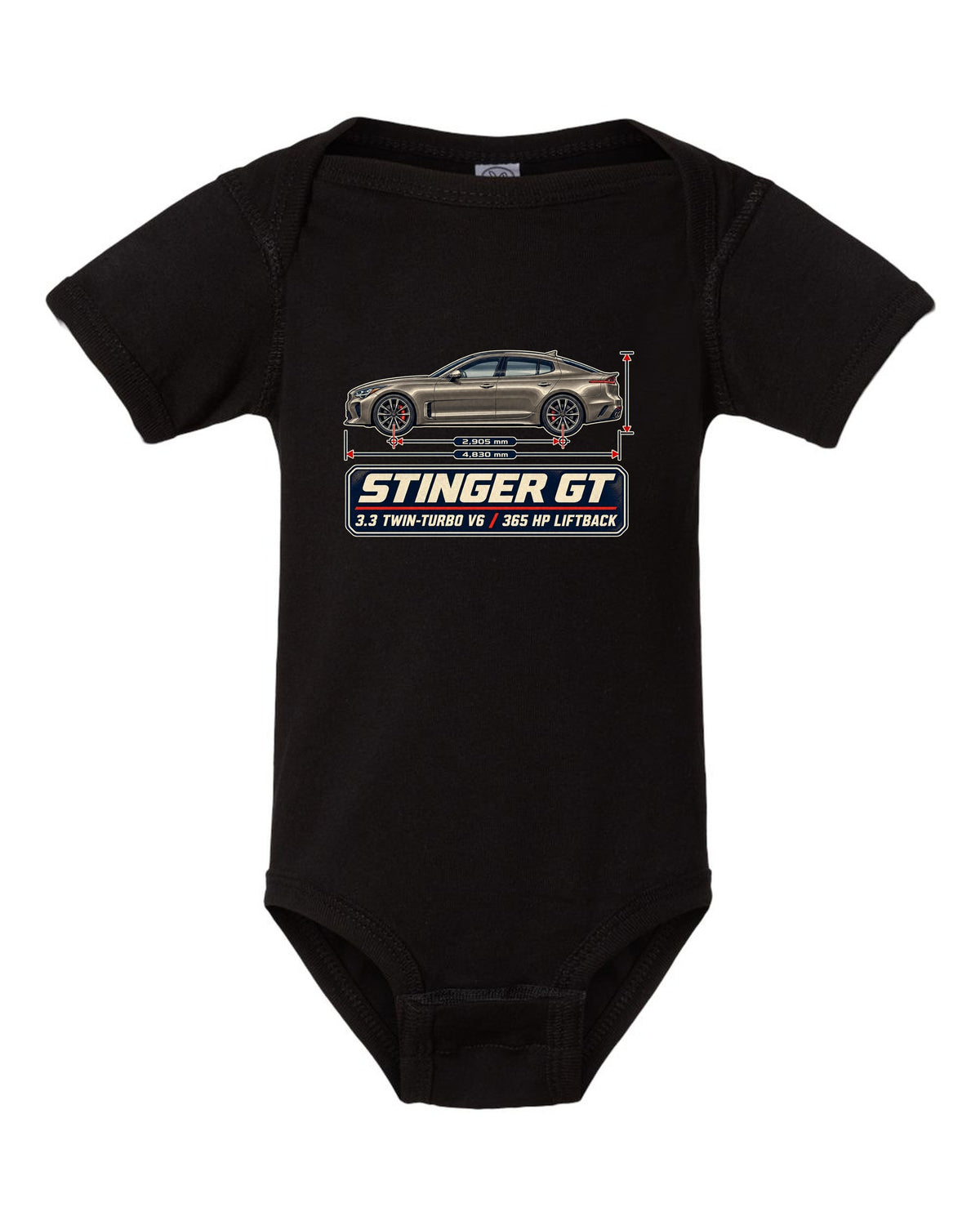 Kia Stinger GT dimension blueprint print on a shirt black baby onesie front view with the design