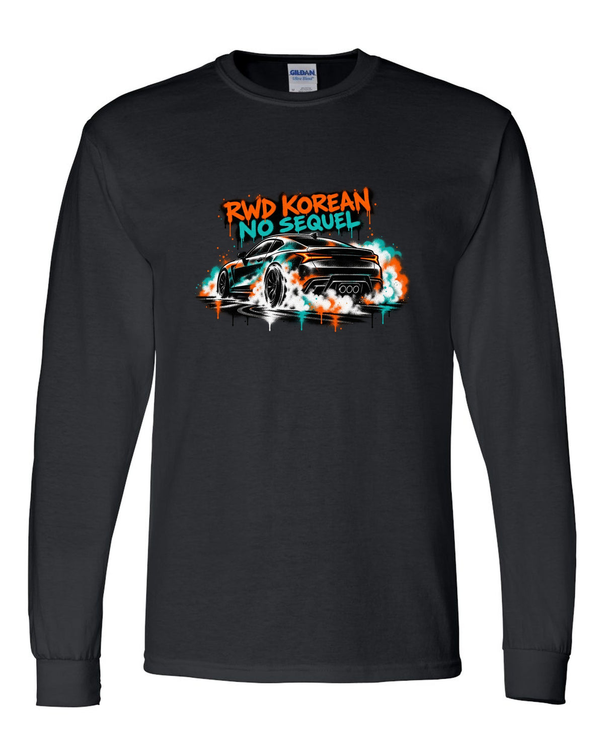 Hyundai Genesis Coupe BK2 stencil spray burnout print with RWD Korean no sequel text black long sleeve front view with the design