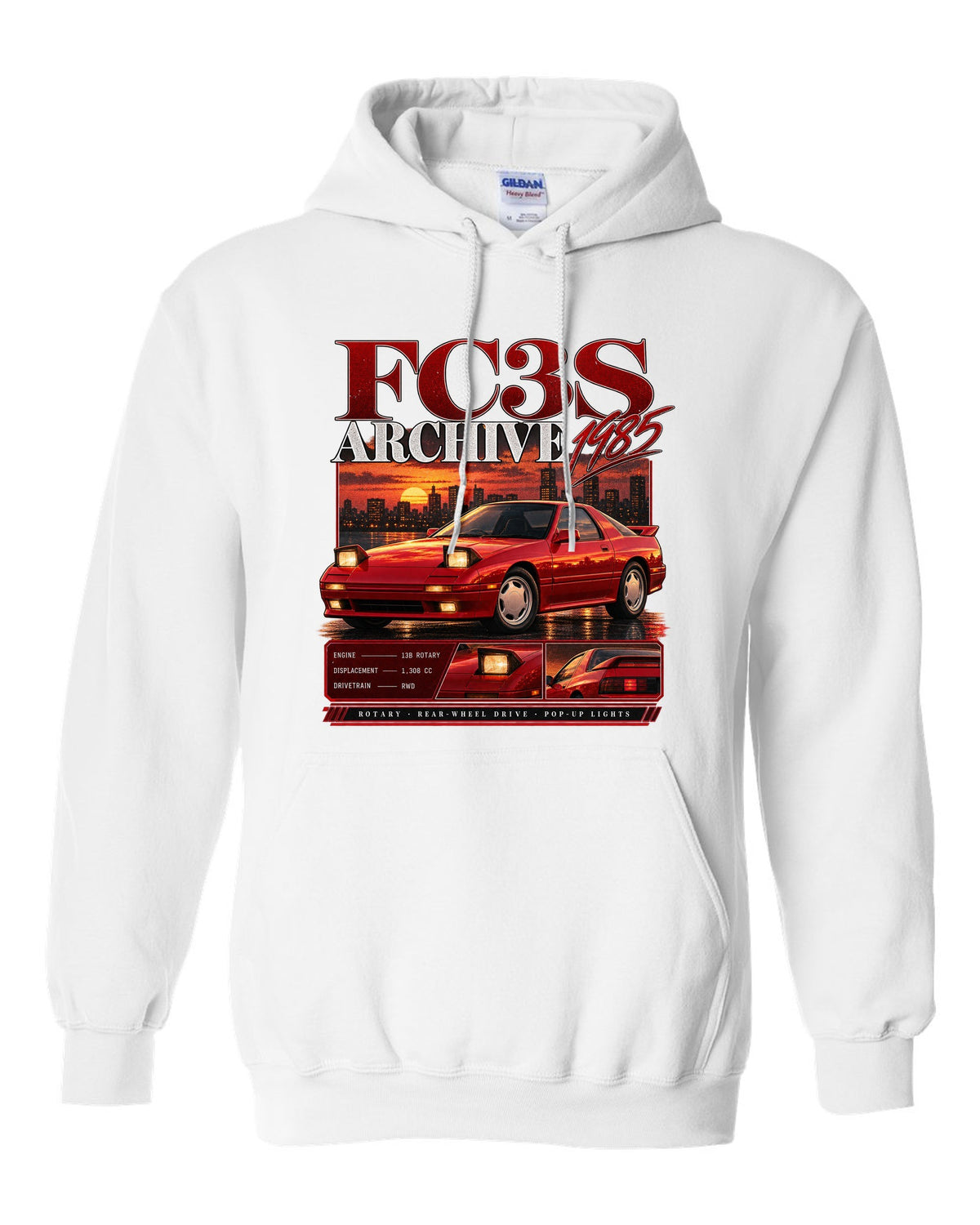 Archive panel print of a Mazda RX-7 FC3S with 13B rotary specs white pull over hoodie front view with the design