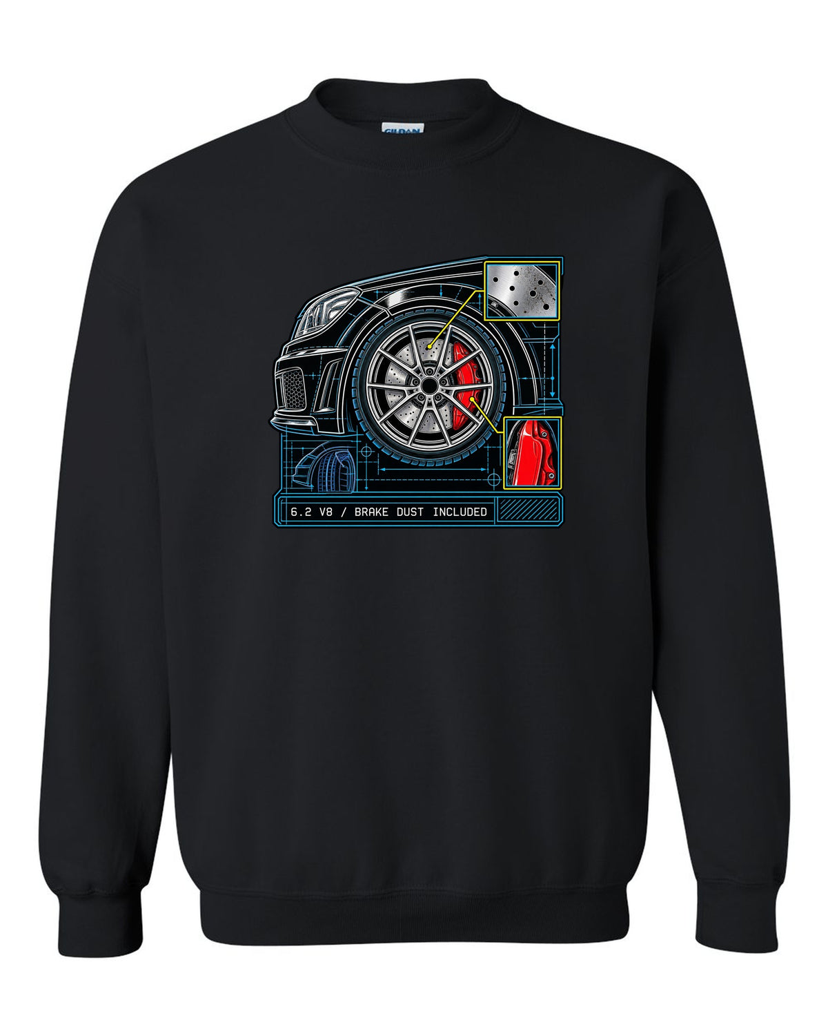 Retro manga ink burnout illustration of a Mercedes C63 Coupe C204 with tyre text black crewneck front view with the design
