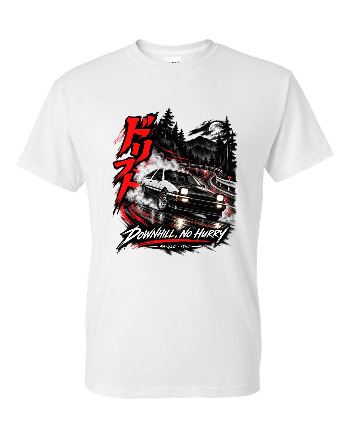 Touge night print of a Toyota Sprinter Trueno AE86 zenki with drift kanji and Downhill No Hurry text white t-shirt front view with the design