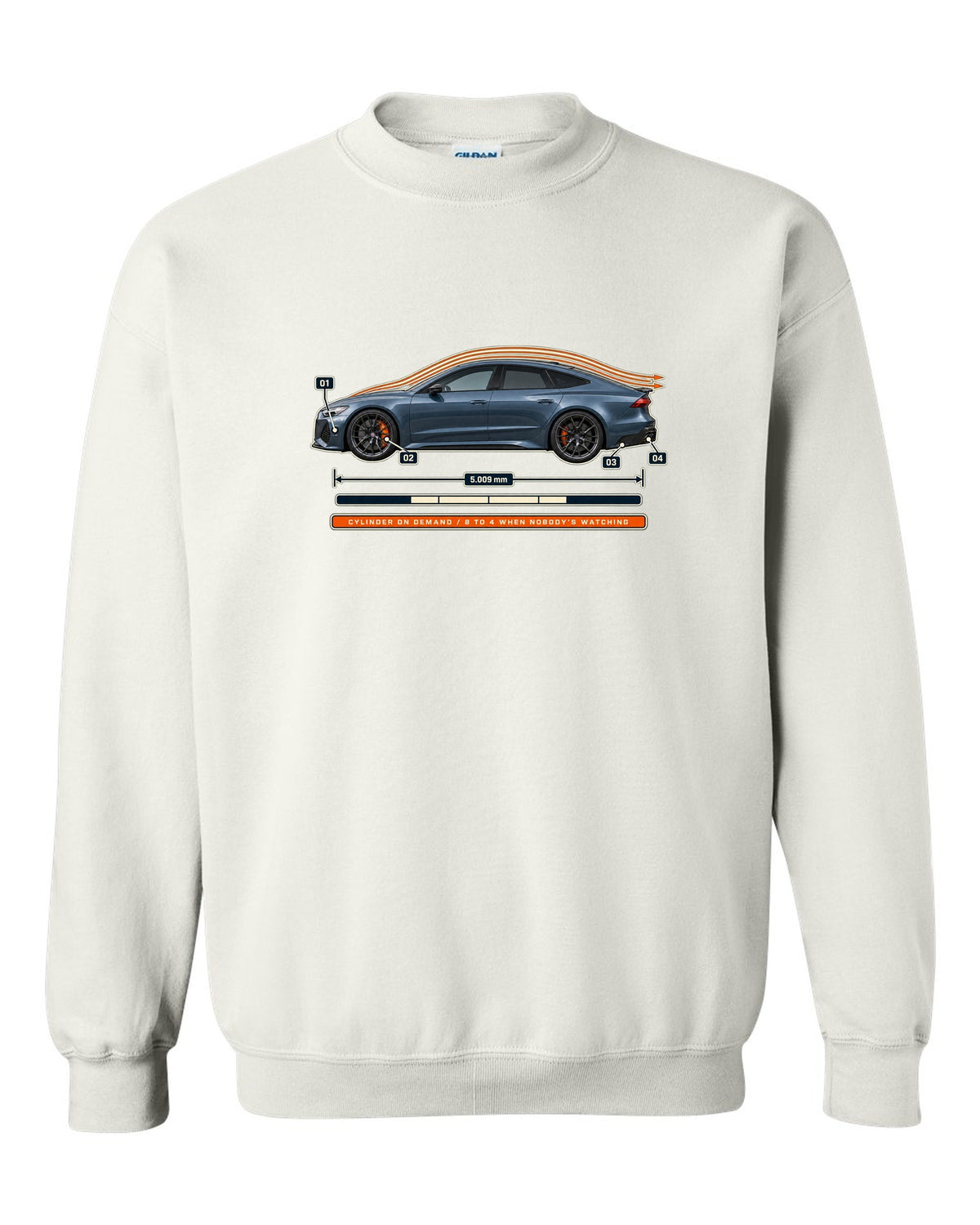 Aero callout print of an Audi RS7 Sportback C8 with cylinder on demand caption white crewneck front view with the design