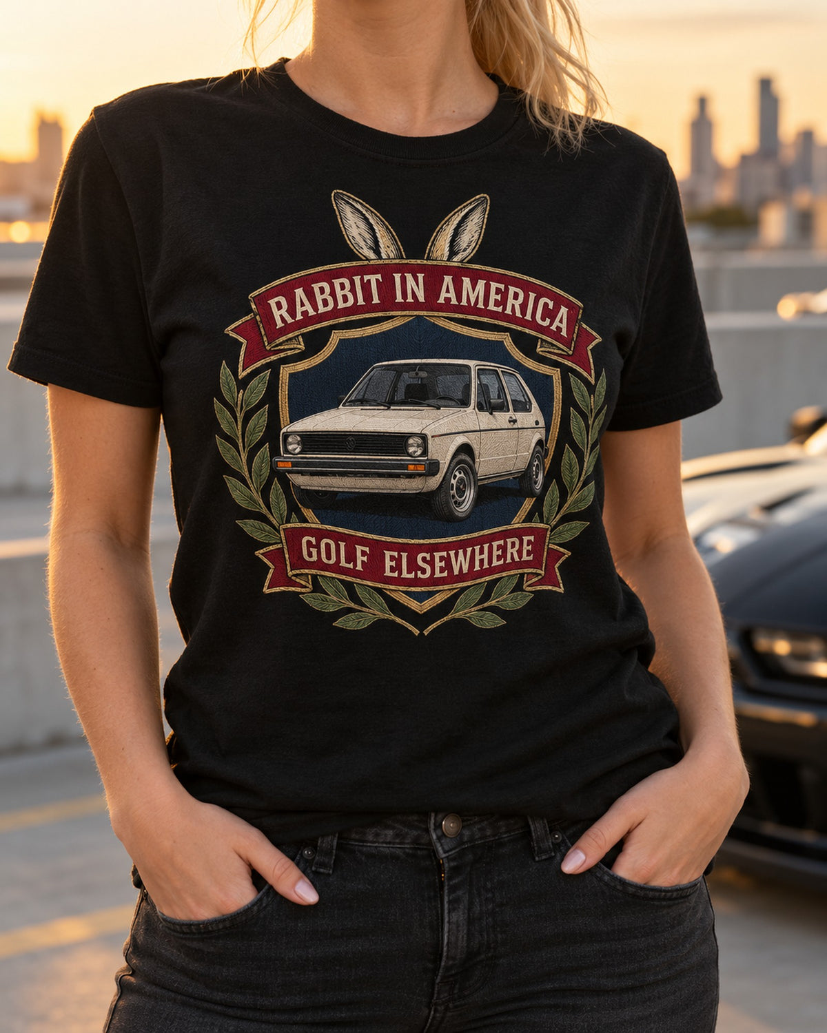 VW Rabbit Mk1 Varsity Crest Shirt, Golf Elsewhere Car Tee T-Shirt Black worn hero