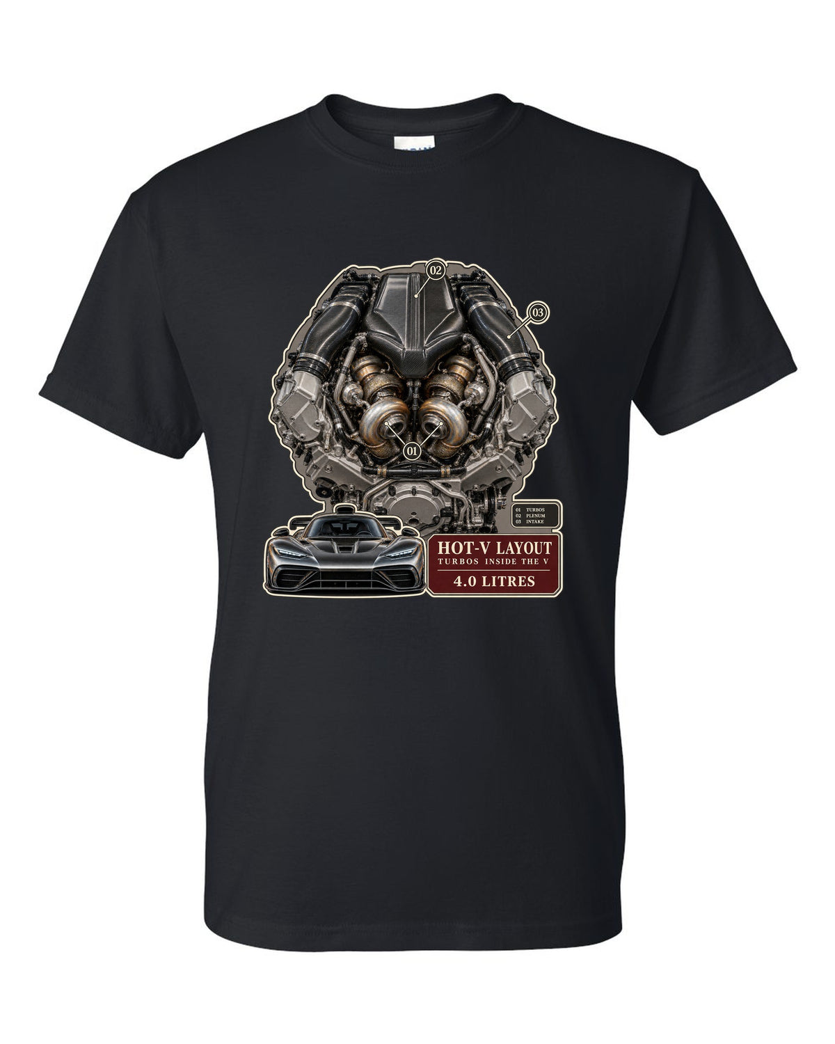 Mercedes-AMG GT 63 M178 4.0 litre biturbo V8 engine illustration black t-shirt front view with the design