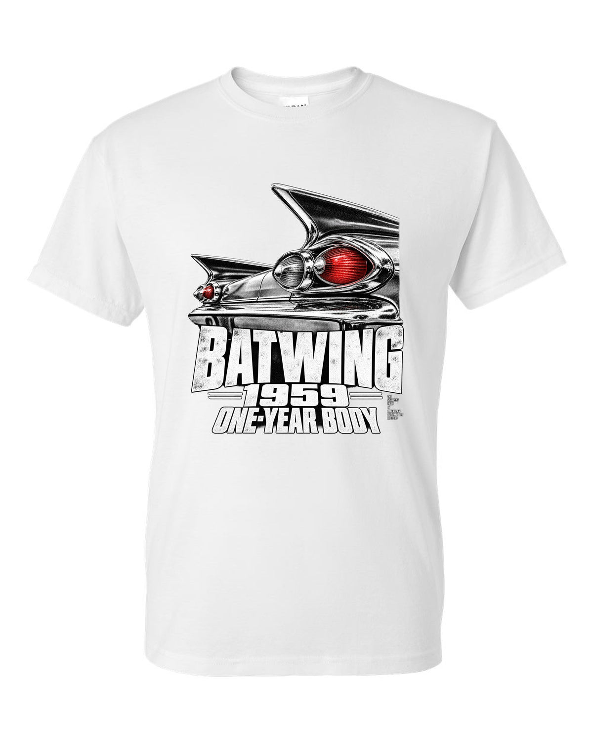 1959 Impala rear batwing taillight macro print with one-year body text white t-shirt front view with the design