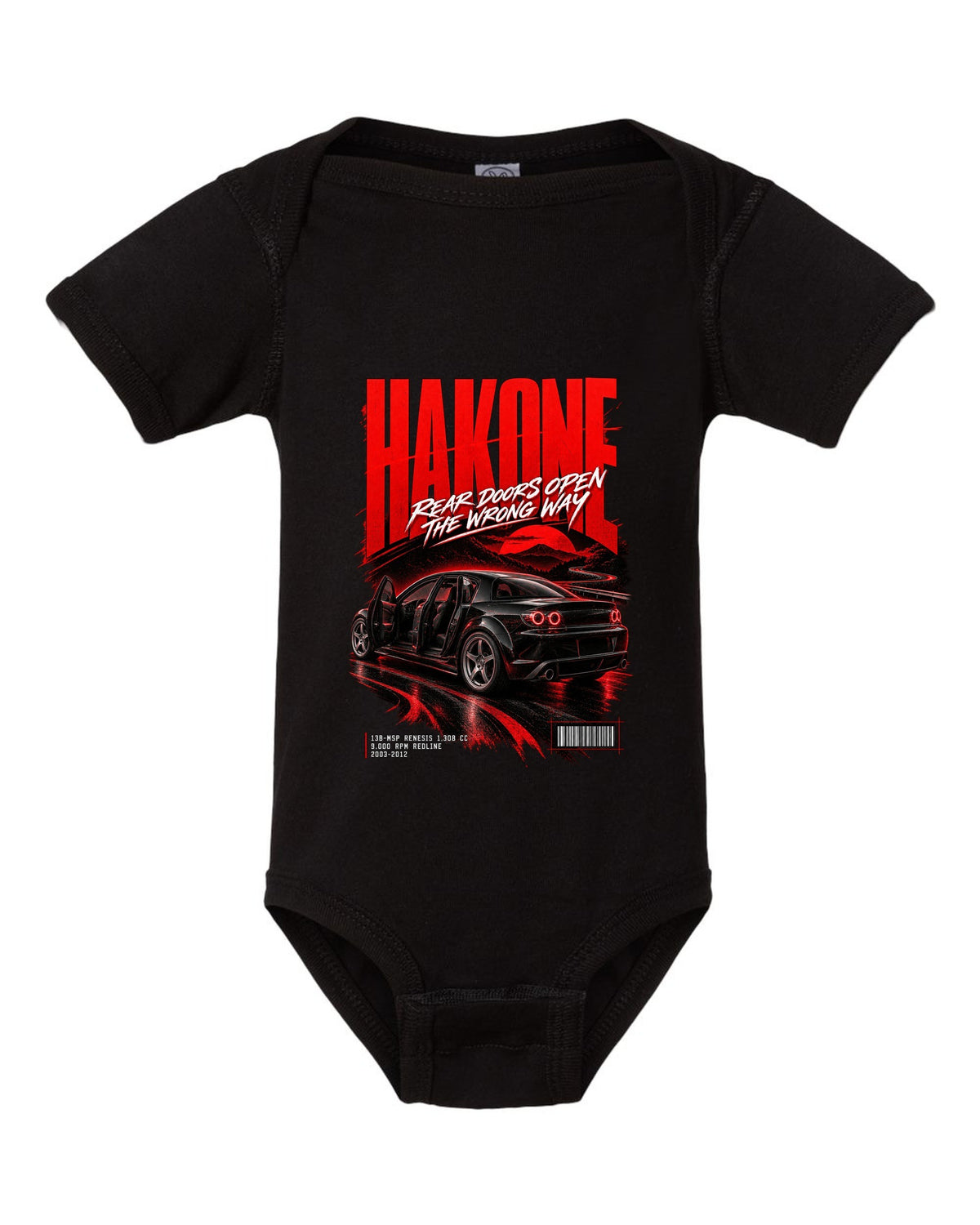 Street poster print for the 2004 Mazda RX-8 SE3P with Hakone lettering and Renesis rotary details black baby onesie front view with the design