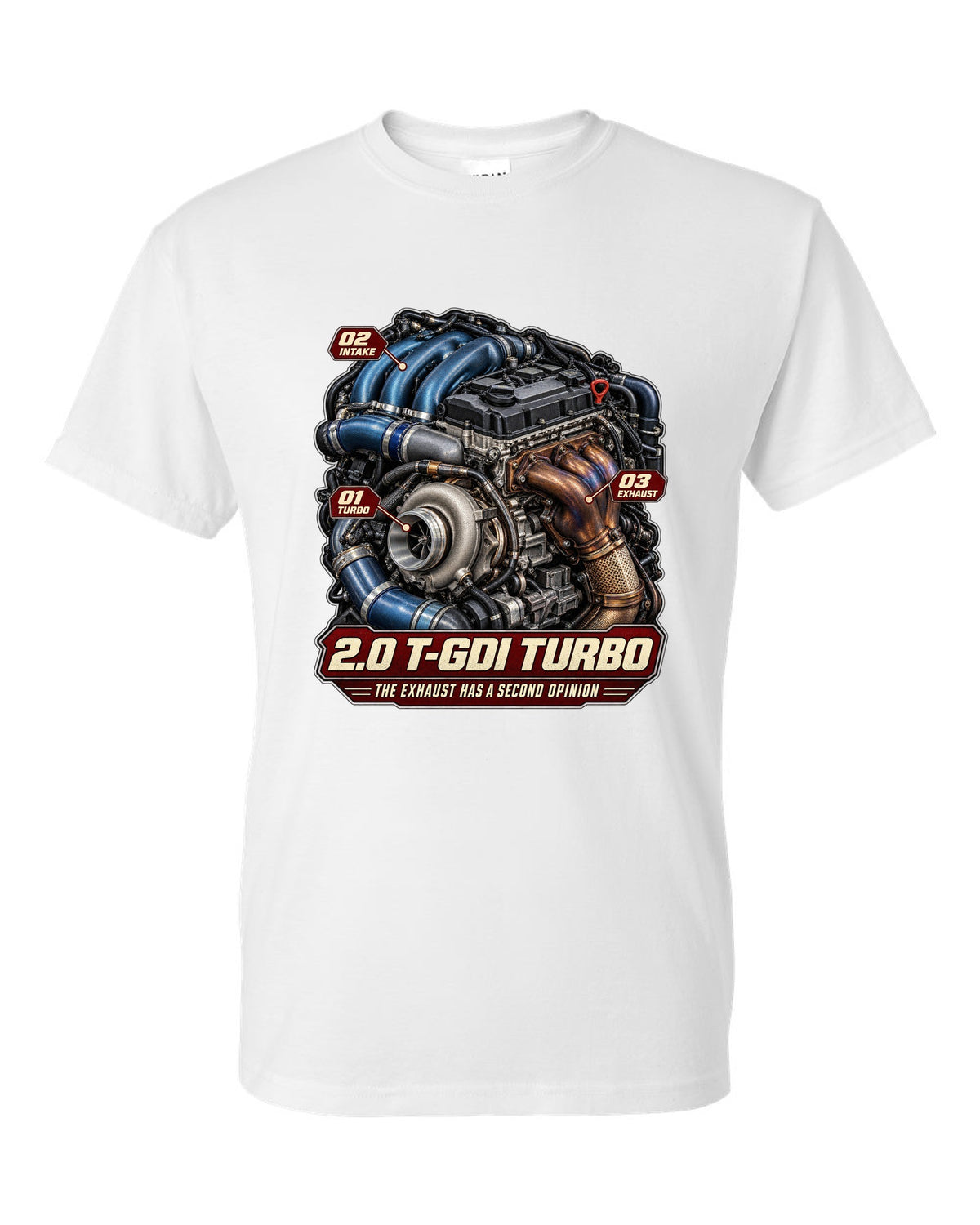 Hyundai Elantra N 2.0 T-GDI turbo engine illustration, print white t-shirt front view with the design