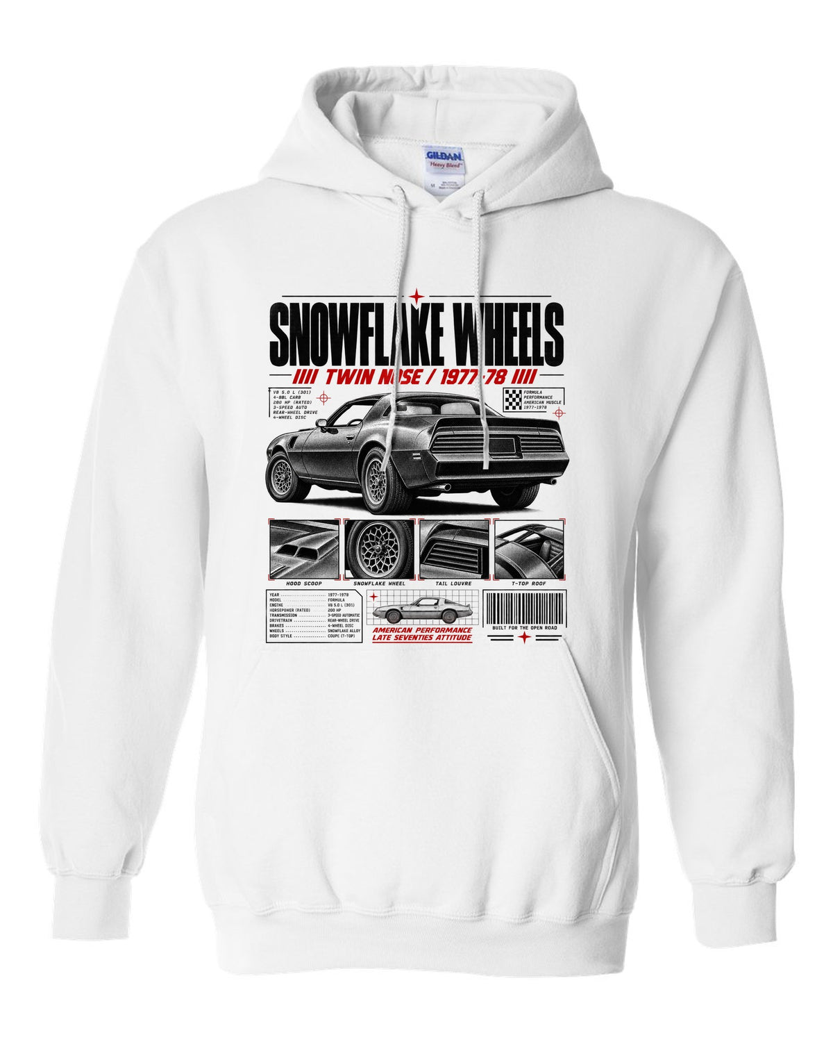 print dossier panels of a 1978 Pontiac Firebird Formula with snowflake wheels white pull over hoodie front view with the design