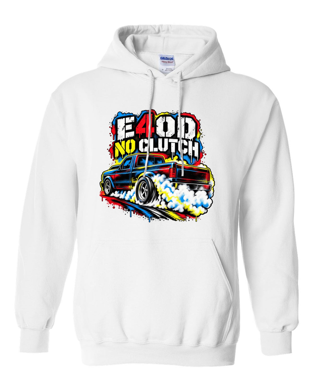 Ford F-150 SVT Lightning first gen burnout in a stencil spray print white pull over hoodie front view with the design