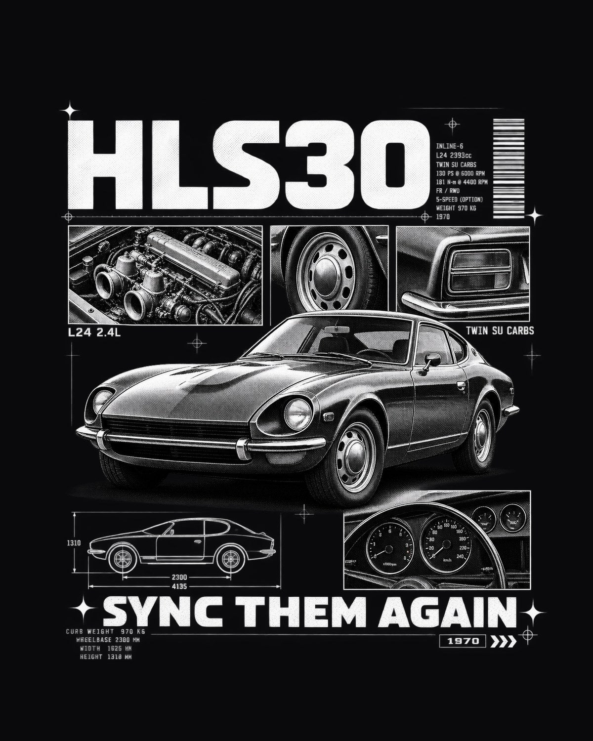 Datsun 240Z HLS30 1970 Dossier Panels Tee, L24 Twin SU Carbs design only