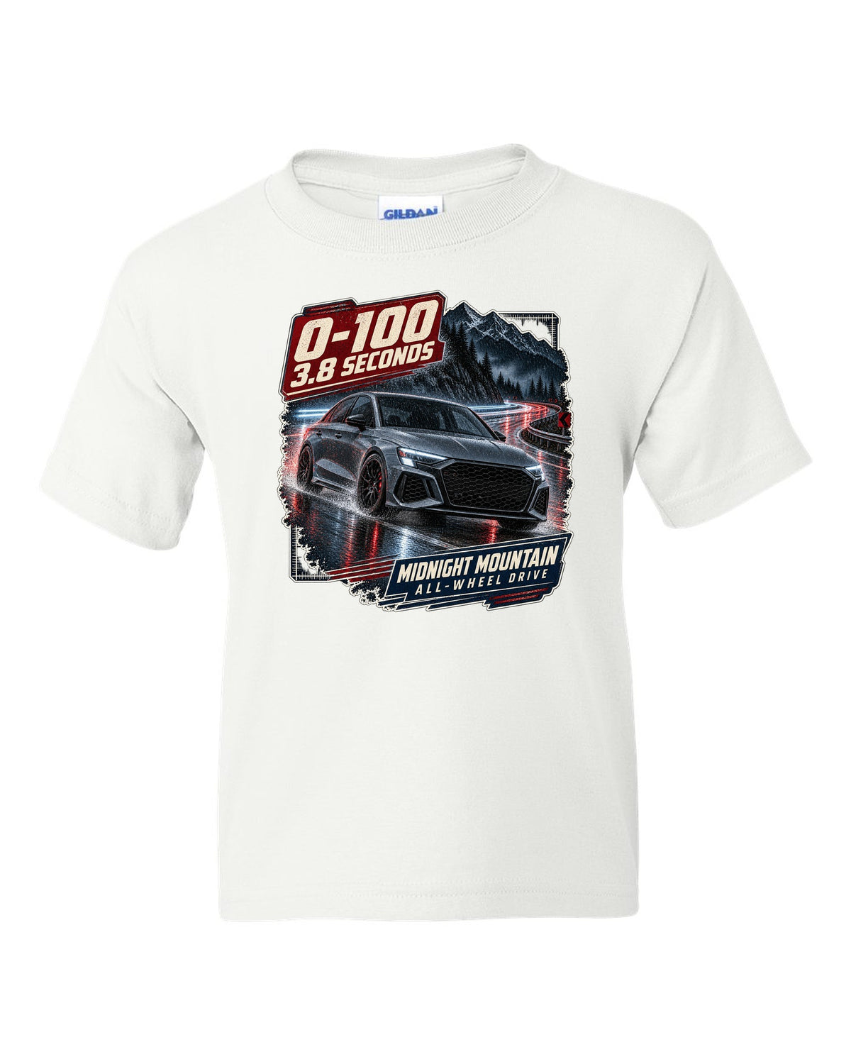 Audi RS3 8Y sedan on a night mountain road with 0-100 caption white kids tee front view with the design