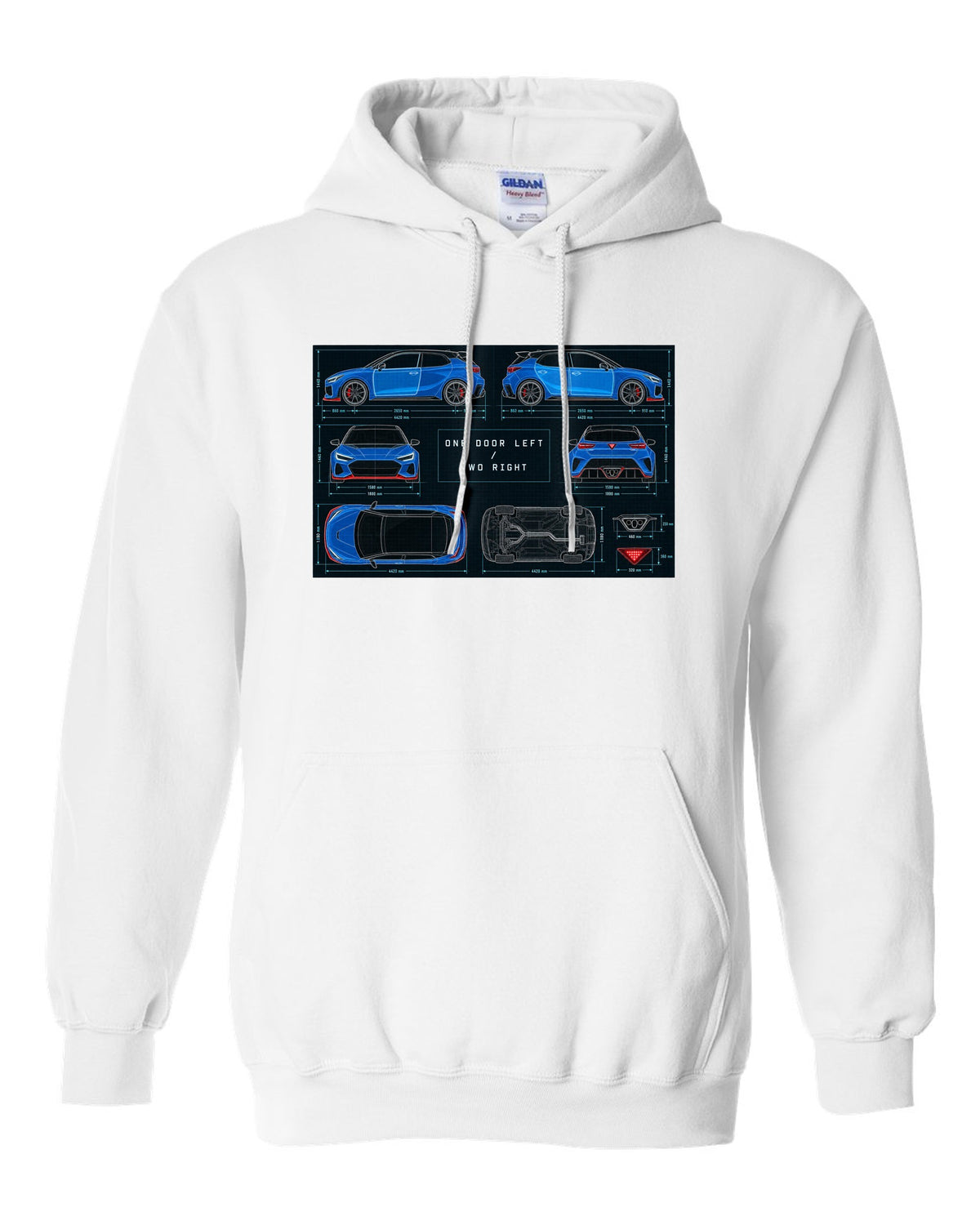 Hyundai Veloster N JS technical blueprint print with one door left and two right white pull over hoodie front view with the design