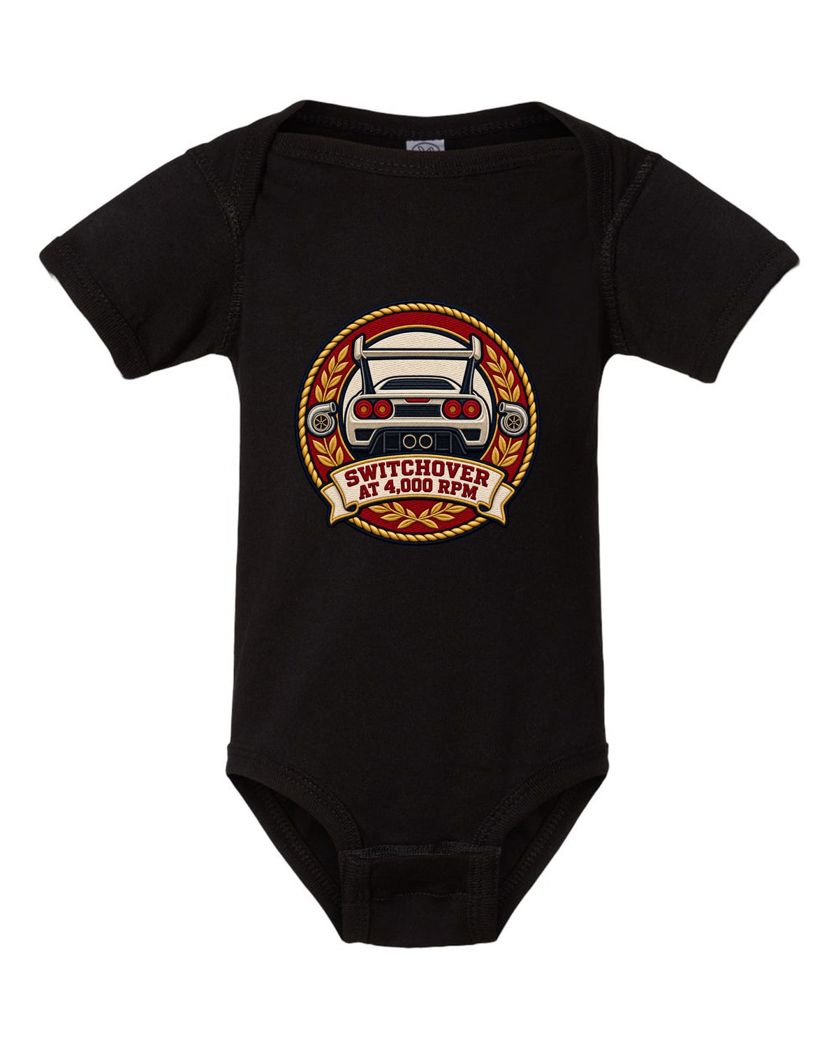 Varsity crest design for the Toyota Supra A80 JZA80 twin turbo black baby onesie front view with the design
