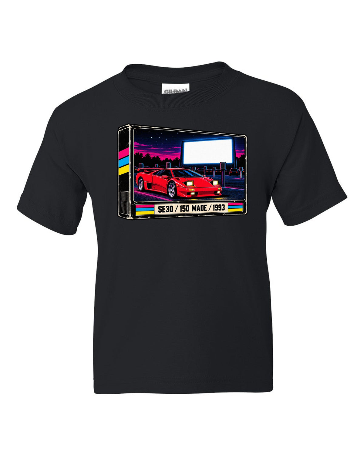 VHS cassette packaging style print of a 1993 Lamborghini Diablo SE30 with 150 made lettering black kids tee front view with the design