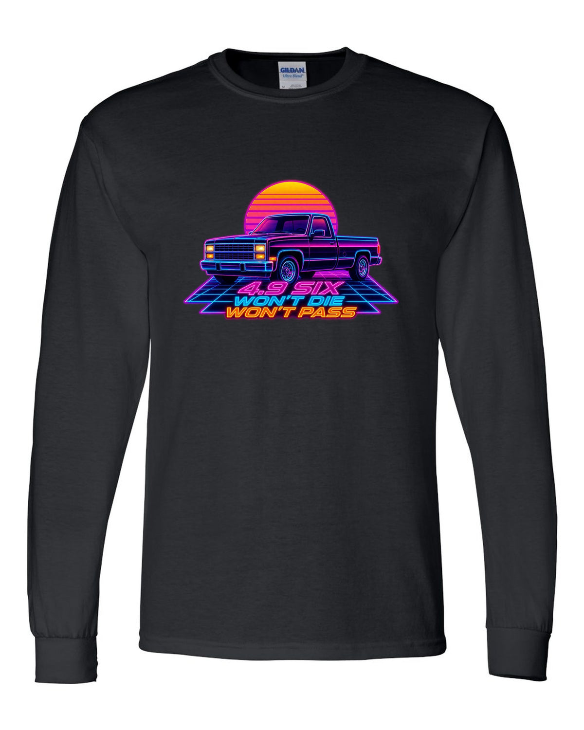 Synthwave neon art of a 1987-91 Ford F-150 Brick-Nose in drive-in rain with 4.9 SIX lettering black long sleeve front view with the design