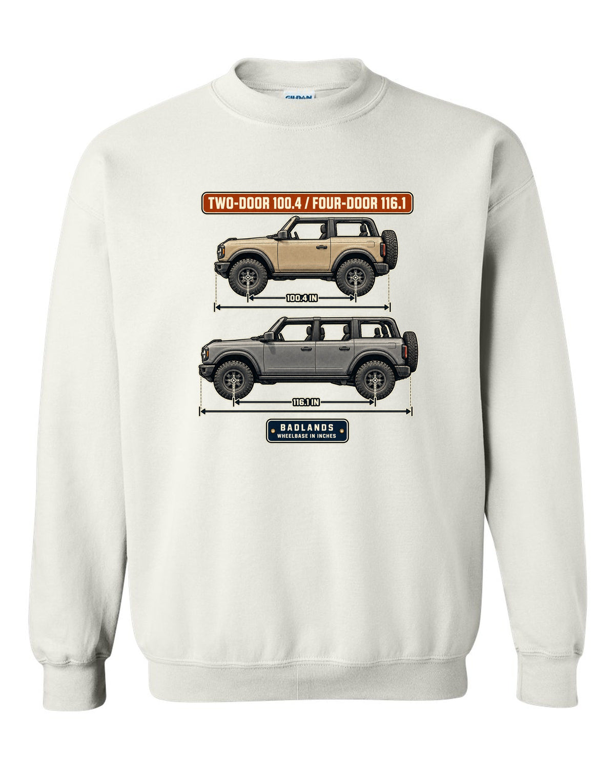 Ford Bronco Badlands two-door and four-door wheelbase blueprint print white crewneck front view with the design