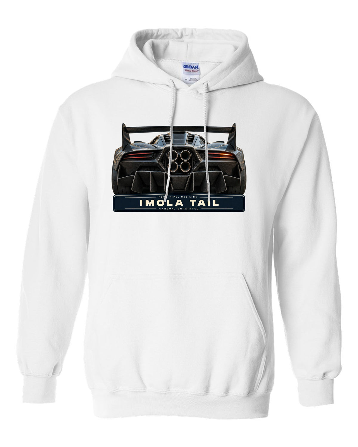 Taillight macro print of the Pagani Huayra Imola with the text four tips, one line, Imola tail, carbon, unpainted white pull over hoodie front view with the design